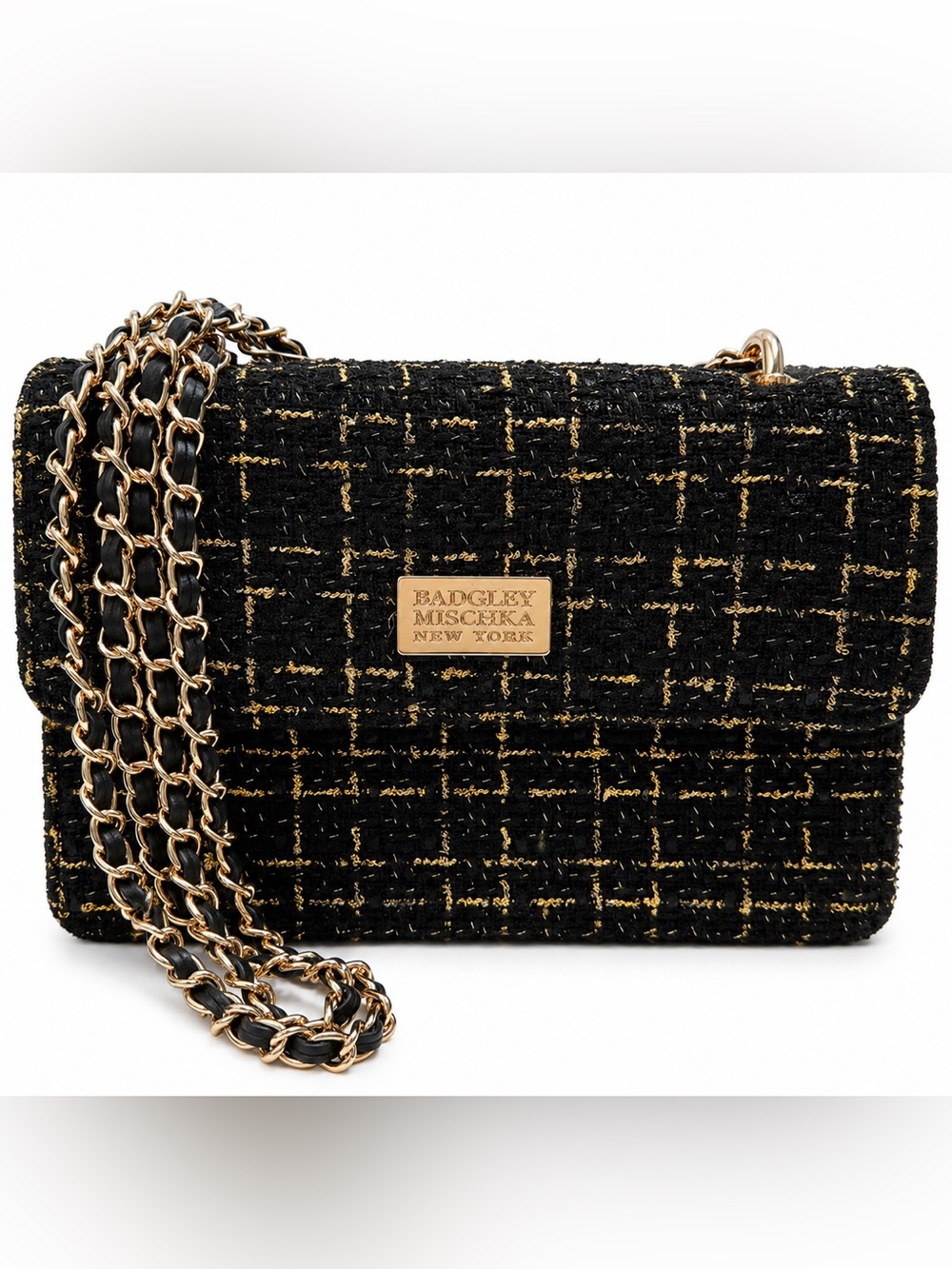 NWT Badgley Mischka Black Tweed Crossbody with Gold Chain - Picture 1 of 4